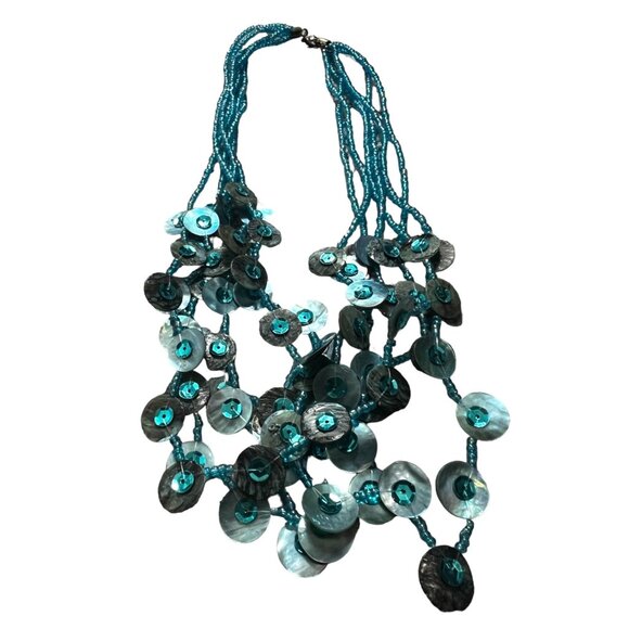 Beaded Turquoise Blue Multi Stranded Shell Necklace with Clasp 10" Womens Shell - Picture 1 of 5